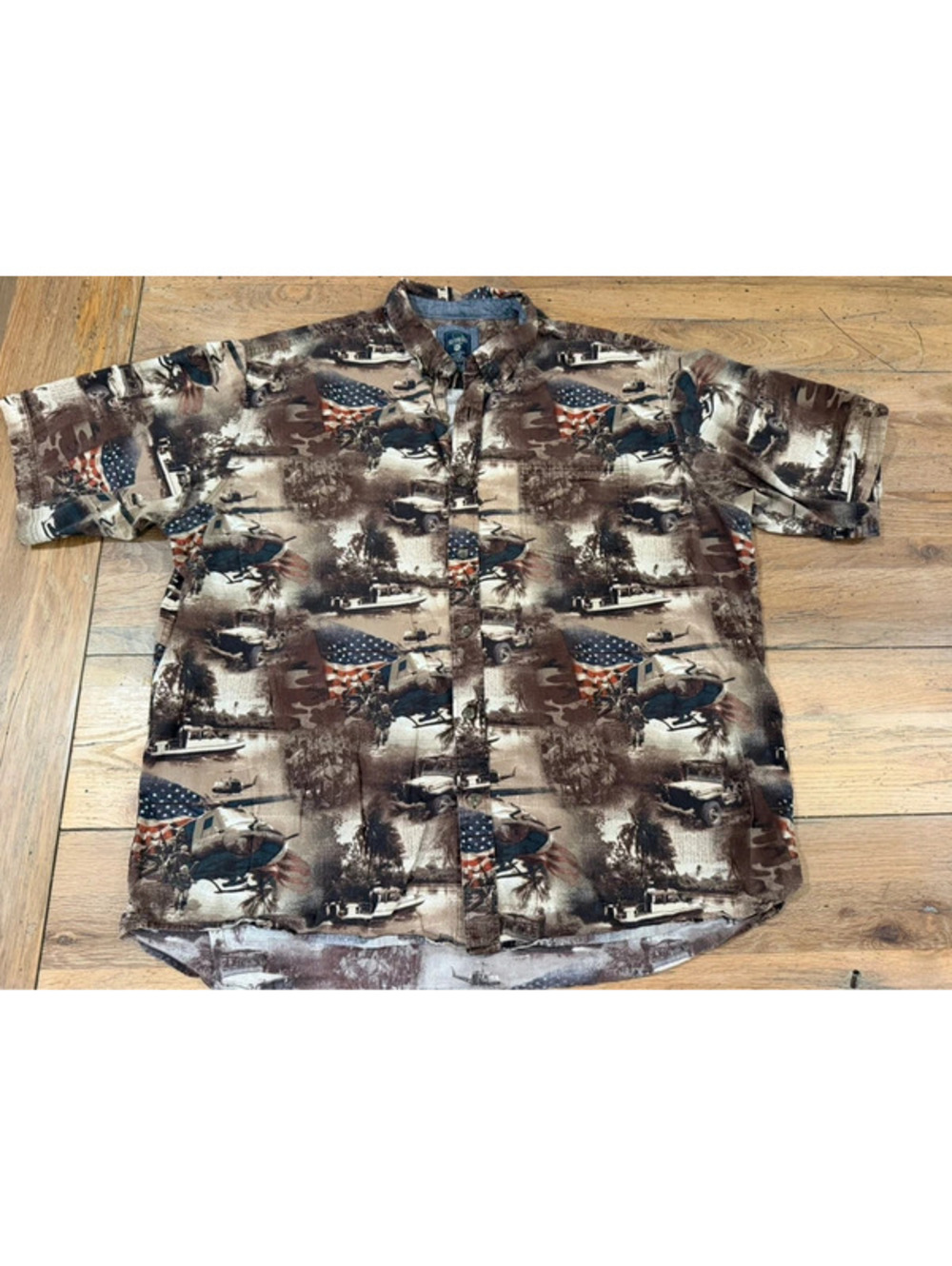 RedHead Patriotic Military Print Button Up Shirt - Am Flag & Vehicles Sz 2xl